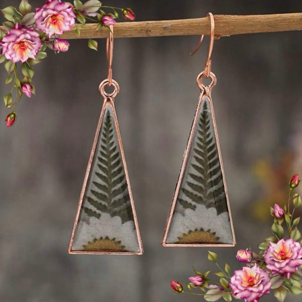 Triangle‎ Shape Green Leaf Pattern Dangle Earrings Retro Style